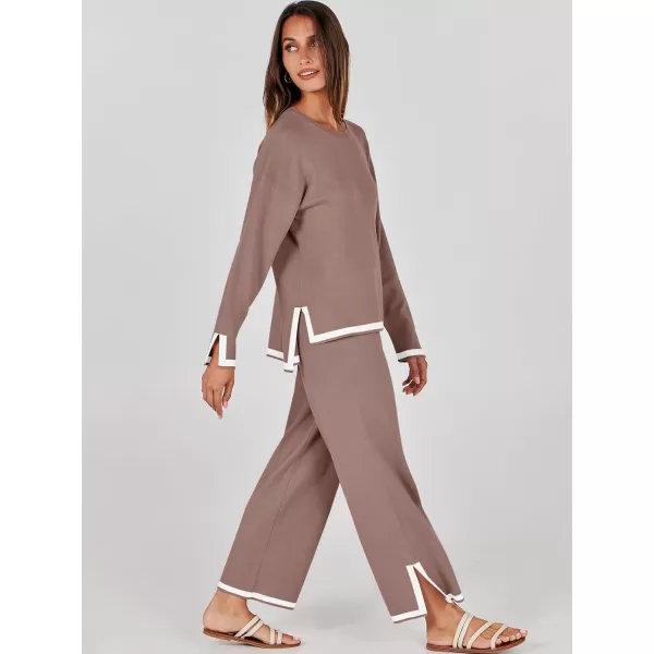 imageANRABESS Womens 2 Piece Outfits Long Sleeve Knit Sweater Top Wide Leg Pants Casual Lounge Sets Travel TracksuitsNutmeg