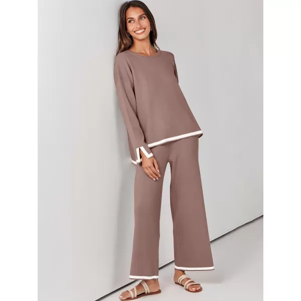imageANRABESS Womens 2 Piece Outfits Long Sleeve Knit Sweater Top Wide Leg Pants Casual Lounge Sets Travel TracksuitsNutmeg