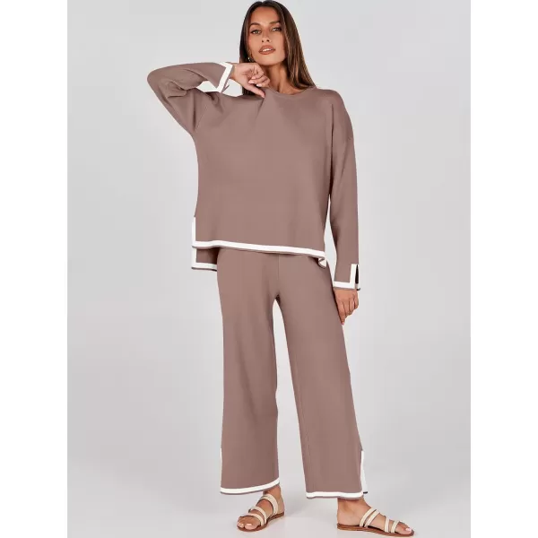 imageANRABESS Womens 2 Piece Outfits Long Sleeve Knit Sweater Top Wide Leg Pants Casual Lounge Sets Travel TracksuitsNutmeg