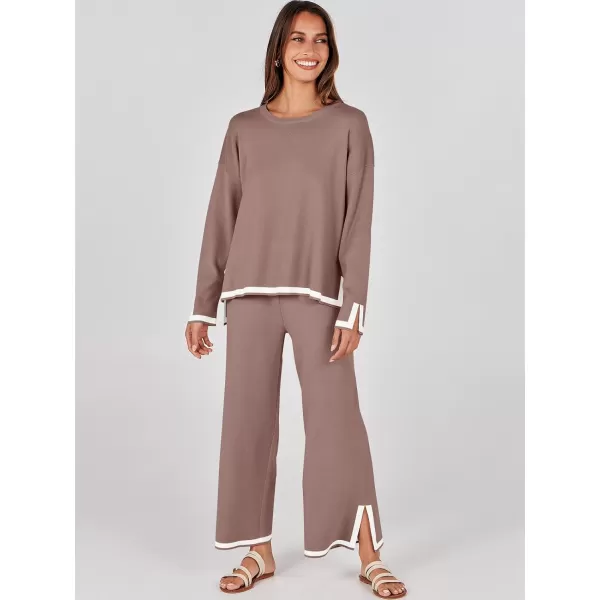 imageANRABESS Womens 2 Piece Outfits Long Sleeve Knit Sweater Top Wide Leg Pants Casual Lounge Sets Travel TracksuitsNutmeg