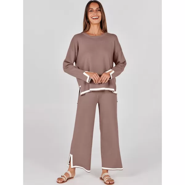 imageANRABESS Womens 2 Piece Outfits Long Sleeve Knit Sweater Top Wide Leg Pants Casual Lounge Sets Travel TracksuitsNutmeg