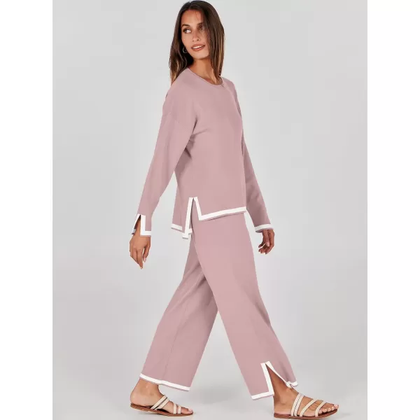 imageANRABESS Womens 2 Piece Outfits Long Sleeve Knit Sweater Top Wide Leg Pants Casual Lounge Sets Travel TracksuitsPink