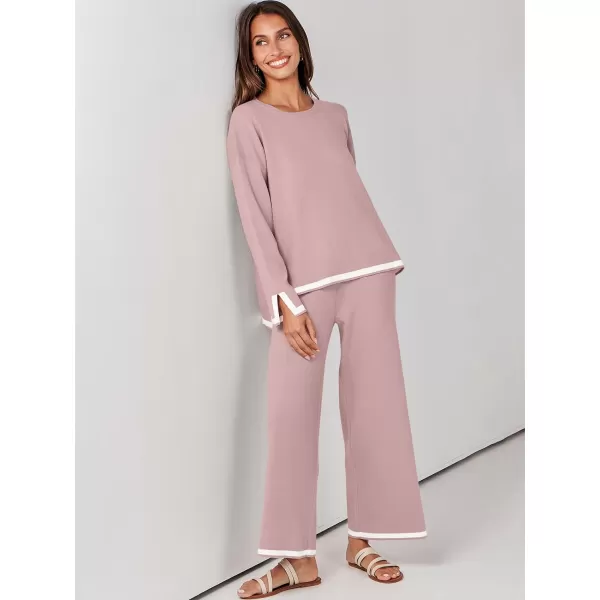 imageANRABESS Womens 2 Piece Outfits Long Sleeve Knit Sweater Top Wide Leg Pants Casual Lounge Sets Travel TracksuitsPink