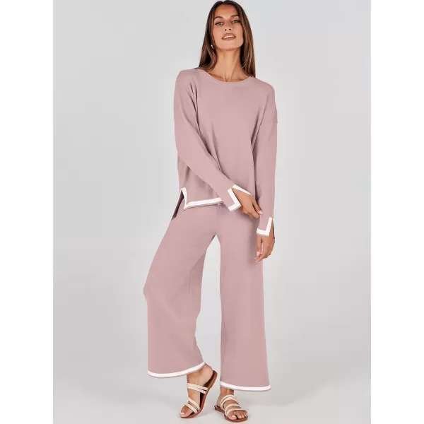 imageANRABESS Womens 2 Piece Outfits Long Sleeve Knit Sweater Top Wide Leg Pants Casual Lounge Sets Travel TracksuitsPink
