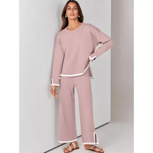 imageANRABESS Womens 2 Piece Outfits Long Sleeve Knit Sweater Top Wide Leg Pants Casual Lounge Sets Travel TracksuitsPink