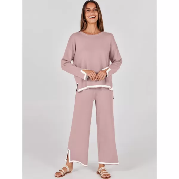 imageANRABESS Womens 2 Piece Outfits Long Sleeve Knit Sweater Top Wide Leg Pants Casual Lounge Sets Travel TracksuitsPink