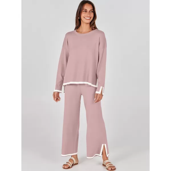 imageANRABESS Womens 2 Piece Outfits Long Sleeve Knit Sweater Top Wide Leg Pants Casual Lounge Sets Travel TracksuitsPink