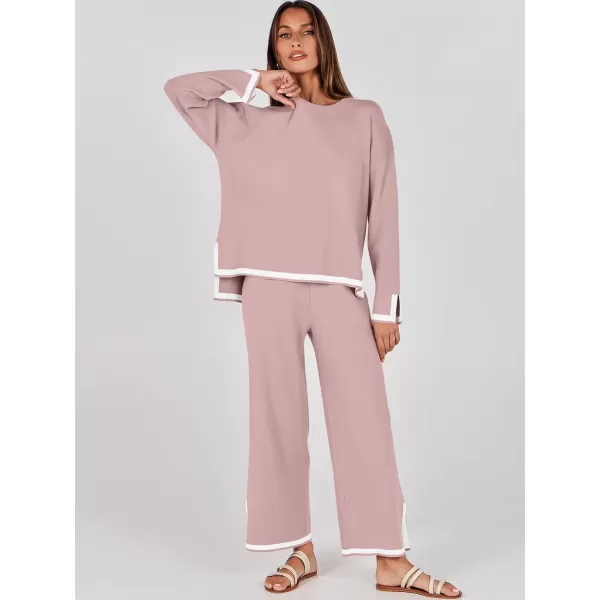 imageANRABESS Womens 2 Piece Outfits Long Sleeve Knit Sweater Top Wide Leg Pants Casual Lounge Sets Travel TracksuitsPink