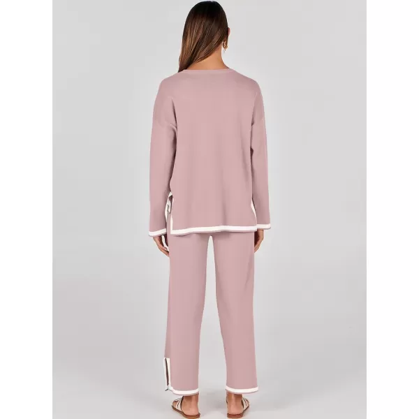 imageANRABESS Womens 2 Piece Outfits Long Sleeve Knit Sweater Top Wide Leg Pants Casual Lounge Sets Travel TracksuitsPink