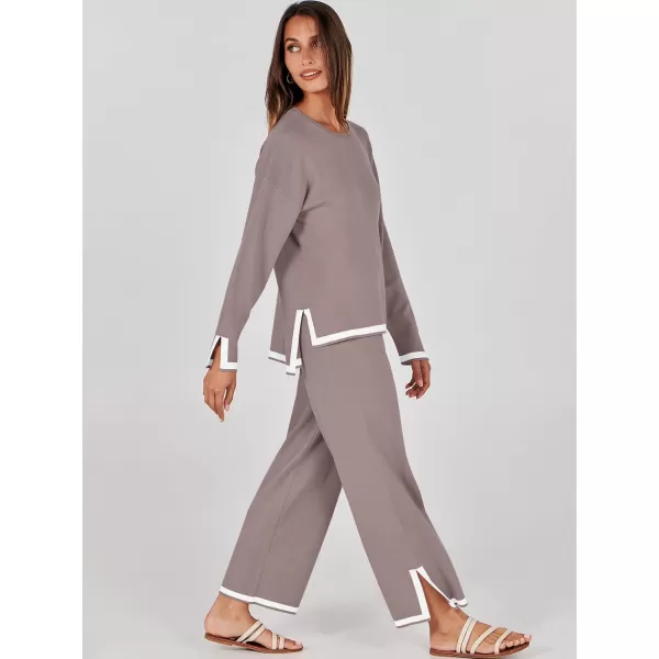imageANRABESS Womens 2 Piece Outfits Long Sleeve Knit Sweater Top Wide Leg Pants Casual Lounge Sets Travel TracksuitsRed Apricot