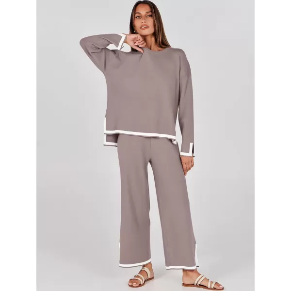 imageANRABESS Womens 2 Piece Outfits Long Sleeve Knit Sweater Top Wide Leg Pants Casual Lounge Sets Travel TracksuitsRed Apricot