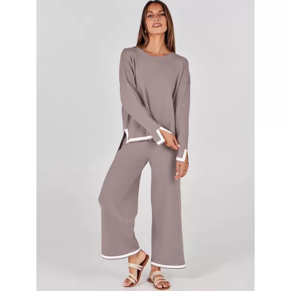 imageANRABESS Womens 2 Piece Outfits Long Sleeve Knit Sweater Top Wide Leg Pants Casual Lounge Sets Travel TracksuitsRed Apricot
