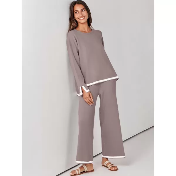 imageANRABESS Womens 2 Piece Outfits Long Sleeve Knit Sweater Top Wide Leg Pants Casual Lounge Sets Travel TracksuitsRed Apricot
