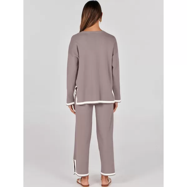 imageANRABESS Womens 2 Piece Outfits Long Sleeve Knit Sweater Top Wide Leg Pants Casual Lounge Sets Travel TracksuitsRed Apricot