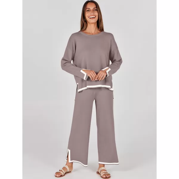 imageANRABESS Womens 2 Piece Outfits Long Sleeve Knit Sweater Top Wide Leg Pants Casual Lounge Sets Travel TracksuitsRed Apricot
