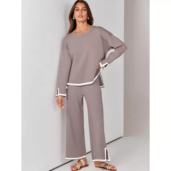 imageANRABESS Womens 2 Piece Outfits Long Sleeve Knit Sweater Top Wide Leg Pants Casual Lounge Sets Travel TracksuitsRed Apricot