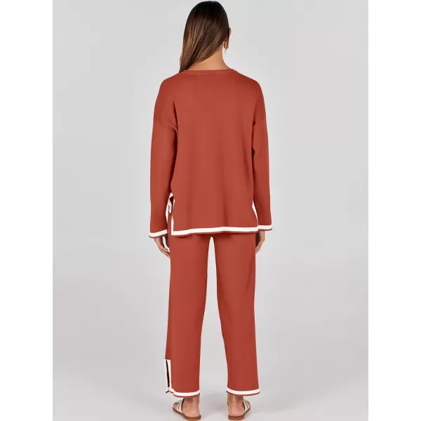 imageANRABESS Womens 2 Piece Outfits Long Sleeve Knit Sweater Top Wide Leg Pants Casual Lounge Sets Travel TracksuitsRust
