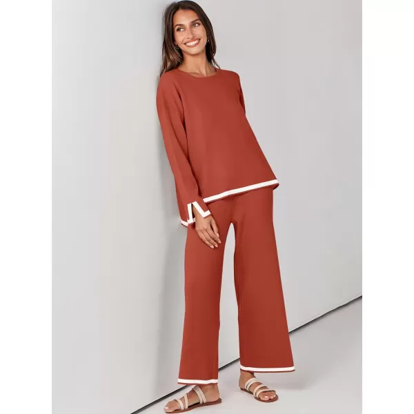 imageANRABESS Womens 2 Piece Outfits Long Sleeve Knit Sweater Top Wide Leg Pants Casual Lounge Sets Travel TracksuitsRust