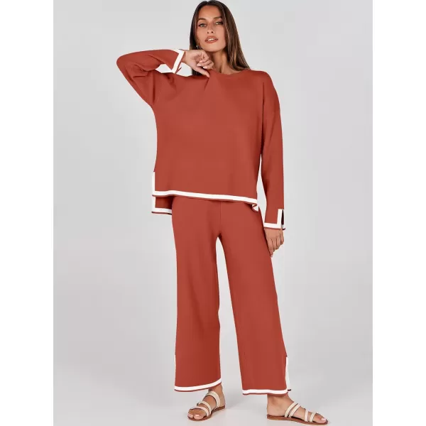 imageANRABESS Womens 2 Piece Outfits Long Sleeve Knit Sweater Top Wide Leg Pants Casual Lounge Sets Travel TracksuitsRust