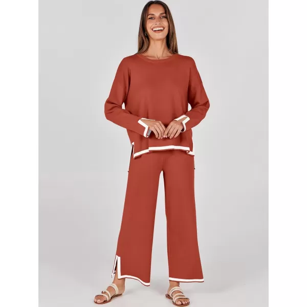 imageANRABESS Womens 2 Piece Outfits Long Sleeve Knit Sweater Top Wide Leg Pants Casual Lounge Sets Travel TracksuitsRust