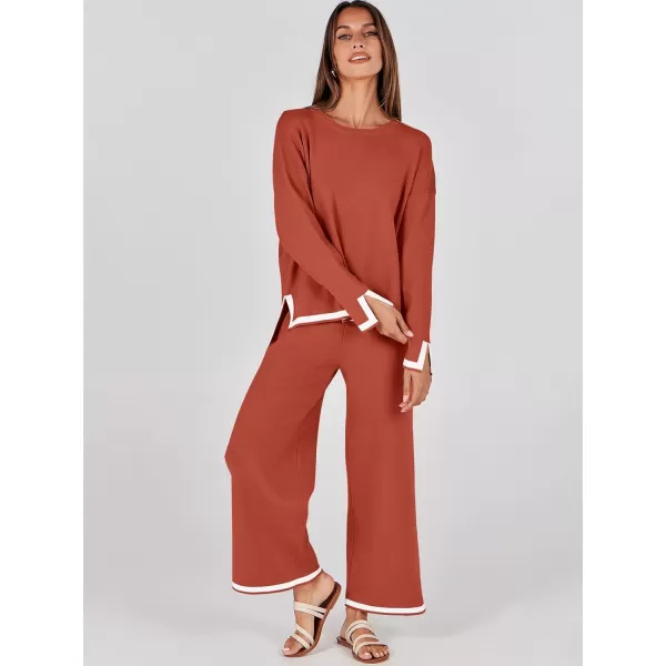 imageANRABESS Womens 2 Piece Outfits Long Sleeve Knit Sweater Top Wide Leg Pants Casual Lounge Sets Travel TracksuitsRust