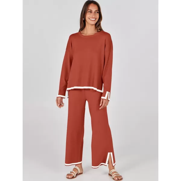 imageANRABESS Womens 2 Piece Outfits Long Sleeve Knit Sweater Top Wide Leg Pants Casual Lounge Sets Travel TracksuitsRust