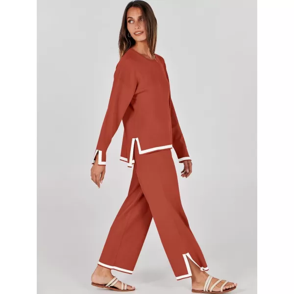 imageANRABESS Womens 2 Piece Outfits Long Sleeve Knit Sweater Top Wide Leg Pants Casual Lounge Sets Travel TracksuitsRust
