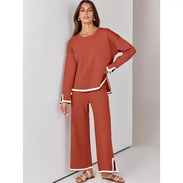 imageANRABESS Womens 2 Piece Outfits Long Sleeve Knit Sweater Top Wide Leg Pants Casual Lounge Sets Travel TracksuitsRust