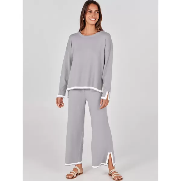 imageANRABESS Womens 2 Piece Outfits Long Sleeve Knit Sweater Top Wide Leg Pants Casual Lounge Sets Travel TracksuitsSilver Grey