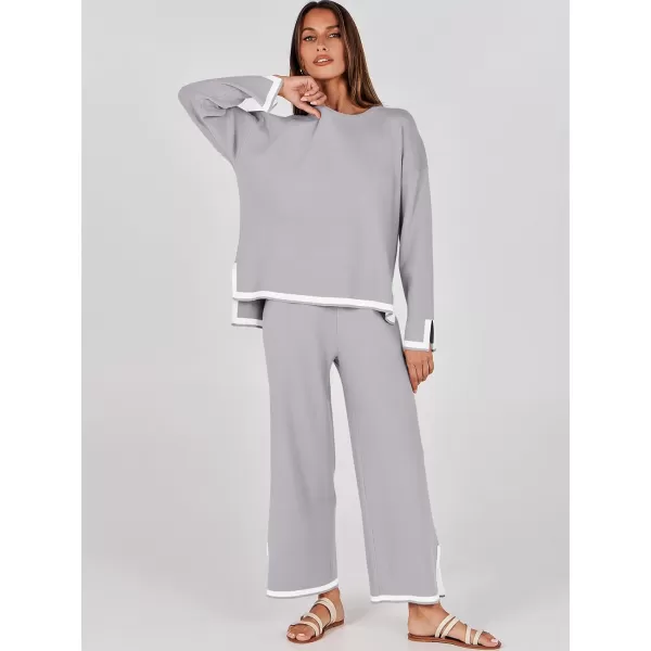 imageANRABESS Womens 2 Piece Outfits Long Sleeve Knit Sweater Top Wide Leg Pants Casual Lounge Sets Travel TracksuitsSilver Grey