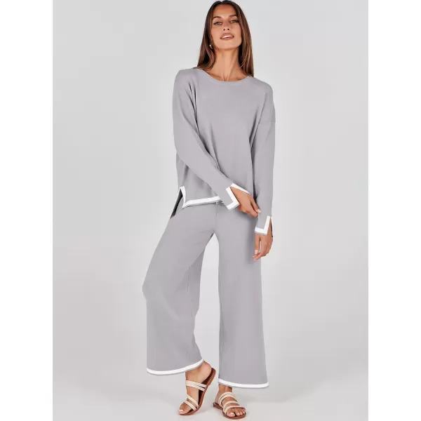 imageANRABESS Womens 2 Piece Outfits Long Sleeve Knit Sweater Top Wide Leg Pants Casual Lounge Sets Travel TracksuitsSilver Grey