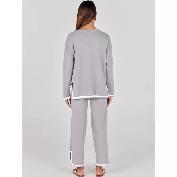 imageANRABESS Womens 2 Piece Outfits Long Sleeve Knit Sweater Top Wide Leg Pants Casual Lounge Sets Travel TracksuitsSilver Grey