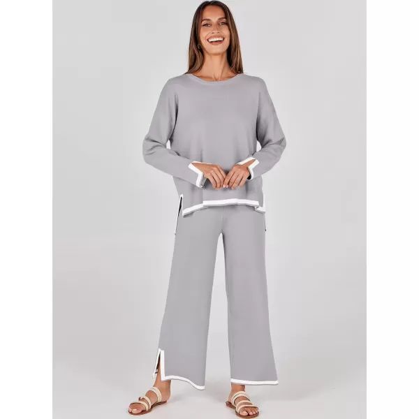 imageANRABESS Womens 2 Piece Outfits Long Sleeve Knit Sweater Top Wide Leg Pants Casual Lounge Sets Travel TracksuitsSilver Grey