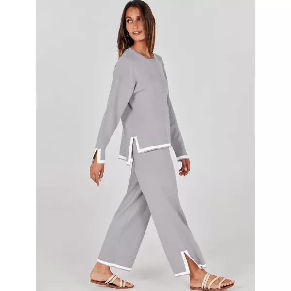 imageANRABESS Womens 2 Piece Outfits Long Sleeve Knit Sweater Top Wide Leg Pants Casual Lounge Sets Travel TracksuitsSilver Grey