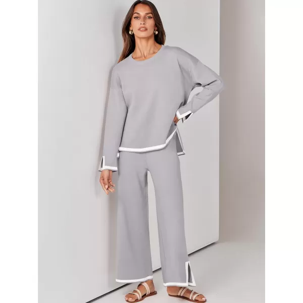 imageANRABESS Womens 2 Piece Outfits Long Sleeve Knit Sweater Top Wide Leg Pants Casual Lounge Sets Travel TracksuitsSilver Grey