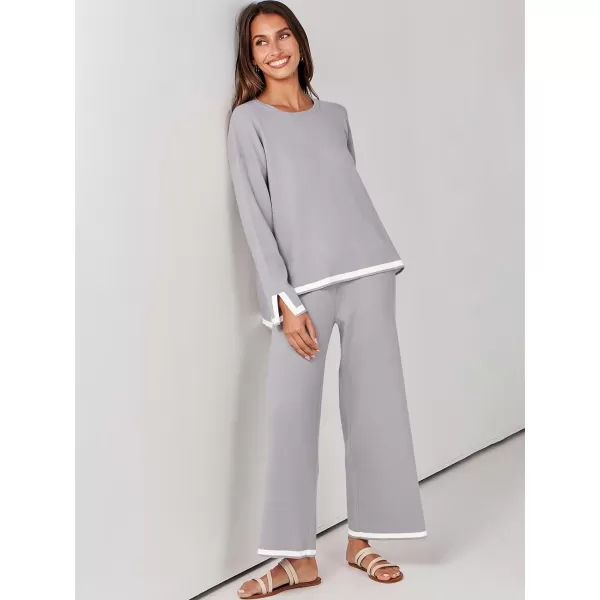 imageANRABESS Womens 2 Piece Outfits Long Sleeve Knit Sweater Top Wide Leg Pants Casual Lounge Sets Travel TracksuitsSilver Grey