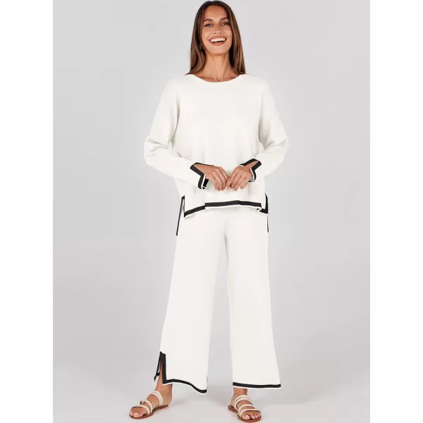 imageANRABESS Womens 2 Piece Outfits Long Sleeve Knit Sweater Top Wide Leg Pants Casual Lounge Sets Travel TracksuitsWhite