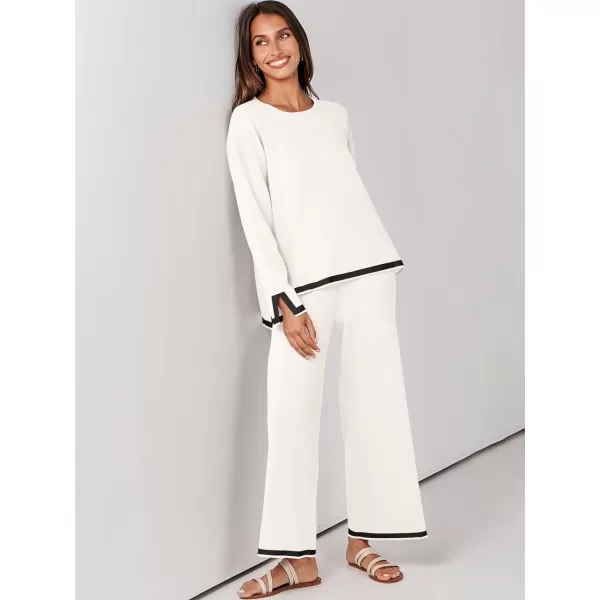 imageANRABESS Womens 2 Piece Outfits Long Sleeve Knit Sweater Top Wide Leg Pants Casual Lounge Sets Travel TracksuitsWhite