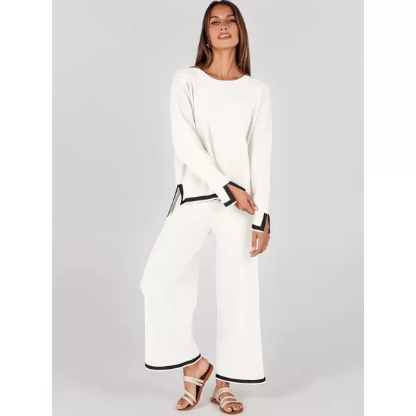 imageANRABESS Womens 2 Piece Outfits Long Sleeve Knit Sweater Top Wide Leg Pants Casual Lounge Sets Travel TracksuitsWhite