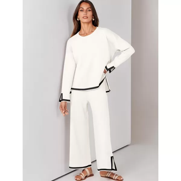 imageANRABESS Womens 2 Piece Outfits Long Sleeve Knit Sweater Top Wide Leg Pants Casual Lounge Sets Travel TracksuitsWhite