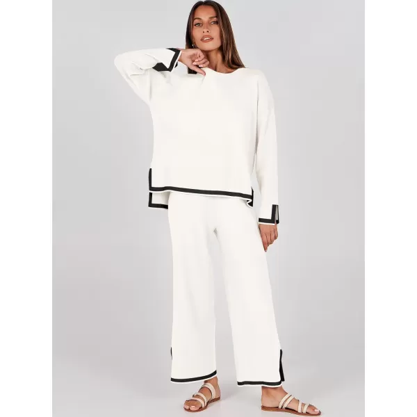 imageANRABESS Womens 2 Piece Outfits Long Sleeve Knit Sweater Top Wide Leg Pants Casual Lounge Sets Travel TracksuitsWhite