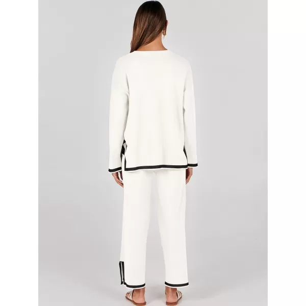 imageANRABESS Womens 2 Piece Outfits Long Sleeve Knit Sweater Top Wide Leg Pants Casual Lounge Sets Travel TracksuitsWhite