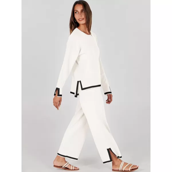 imageANRABESS Womens 2 Piece Outfits Long Sleeve Knit Sweater Top Wide Leg Pants Casual Lounge Sets Travel TracksuitsWhite
