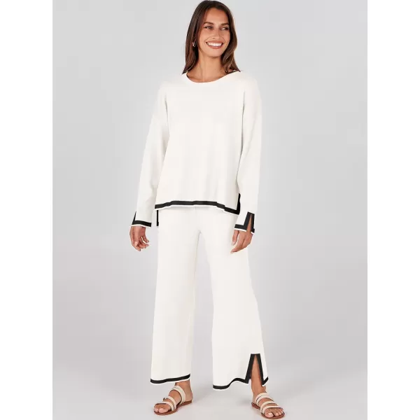 imageANRABESS Womens 2 Piece Outfits Long Sleeve Knit Sweater Top Wide Leg Pants Casual Lounge Sets Travel TracksuitsWhite