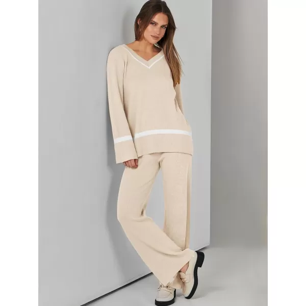 imageANRABESS Womens 2 Piece Outfits Long Sleeve V Neck Knit Sweater Top and Wide Leg Pants Lounge Sets TracksuitsApricot
