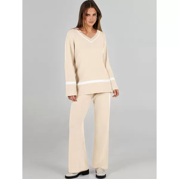 imageANRABESS Womens 2 Piece Outfits Long Sleeve V Neck Knit Sweater Top and Wide Leg Pants Lounge Sets TracksuitsApricot