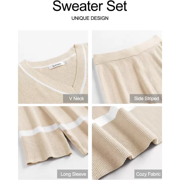 imageANRABESS Womens 2 Piece Outfits Long Sleeve V Neck Knit Sweater Top and Wide Leg Pants Lounge Sets TracksuitsApricot