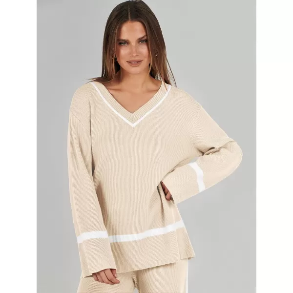 imageANRABESS Womens 2 Piece Outfits Long Sleeve V Neck Knit Sweater Top and Wide Leg Pants Lounge Sets TracksuitsApricot