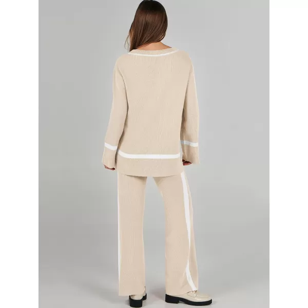 imageANRABESS Womens 2 Piece Outfits Long Sleeve V Neck Knit Sweater Top and Wide Leg Pants Lounge Sets TracksuitsApricot