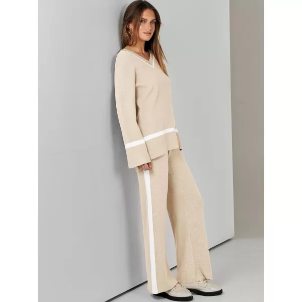 imageANRABESS Womens 2 Piece Outfits Long Sleeve V Neck Knit Sweater Top and Wide Leg Pants Lounge Sets TracksuitsApricot